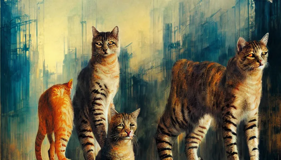 Image similar to contemporary semi abstract acrylic painting of really tall cats by william turner, by greg rutkowski, kessler art, thick brush strokes and visible paint layers, multicolor color scheme