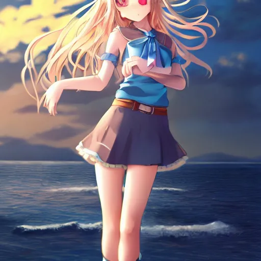 Image similar to a very beautiful anime cute girl, full body, long wavy blond hair, sky blue eyes, full round face, short smile, fancy top, miniskirt, front view, summer lake setting, cinematic lightning, medium shot, mid-shot, highly detailed, cinematic wallpaper by Stanley Artgerm Lau