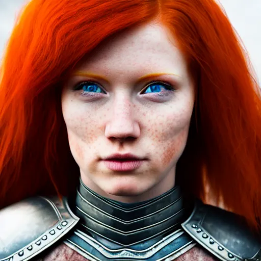 Image similar to north female warrior, red hair, ginger hair, fantasy, high detailed, photography, cloudy, lightweight armor, Scandinavia, plain, Authentic, detailed face, cute face, professional model, professional photographer, masterpiece, 8k, 3D