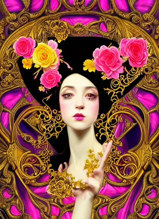 Image similar to beautiful black pink yellow, complicated gold and pink flowers in baroque style headwears, dark fantasy, intricate, elegant, highly detailed, digital painting, artstation, highly saturated colors, concept art, matte, 3 d 8 k octane rendered, sharp focus, illustration, octane rendered, art by artgerm and alphonse mucha, leesha hannigan