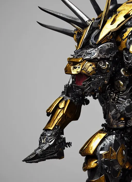 Image similar to hyper realistic glorious ancient wargreymon in a obsidian metal armor, futuristic design, designed by makoto kobayashi and luca zampriolo, portrait, cyberpunk style, wood and gold details, intricate, extremely detailed, ornate, deep of field, hard surface, exoskeleton, substance designer metal unreal engine. amazing likeness. very detailed.