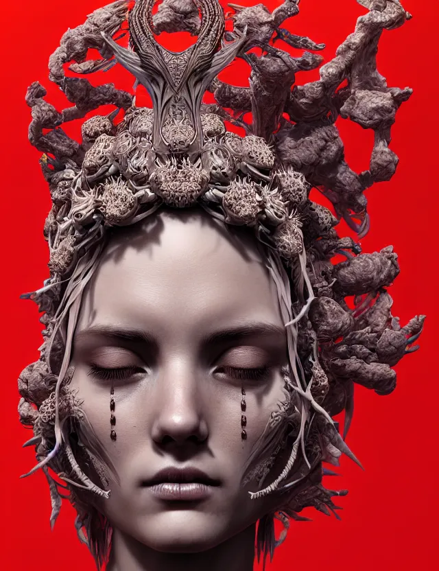 Image similar to symmetrical, centered, zbrush sculpt of goddess close-up portrait wigh crown made of skulls. phoenix betta fish, phoenix, bioluminiscent creature, super intricate ornaments artwork by Tooth Wu and wlop and alena aenami and greg rutkowski