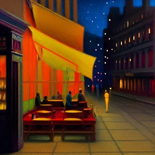 Image similar to lonely night at a cafe in manhattan, fantasy, intricate, elegant, digital painting, trending on artstation, concept art, soft focus, illustration by greg rutkowski, edward hopper, 4 k.