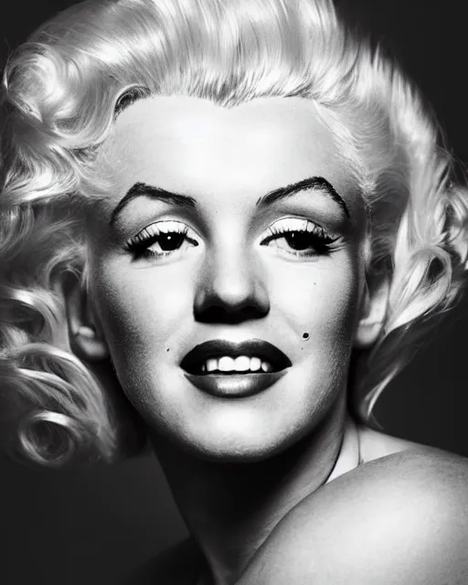 Image similar to Beautiful Head and shoulders portrait of smiling flirty seductive Marilyn monroe with platinum blonde hair, wearing a camisole by arney freytag, artstation, 35mm, fashion photoshoot, laying on a bed in a photo studio, golden hour, bokeh, rim lighting, fashion pose, octane, 4k