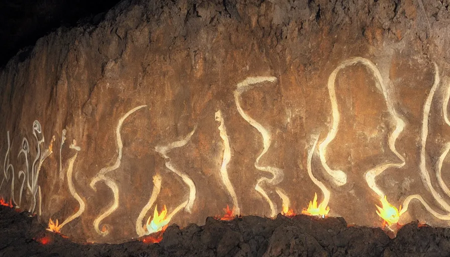 Prompt: the karma sutra painted on cave walls lit by fire