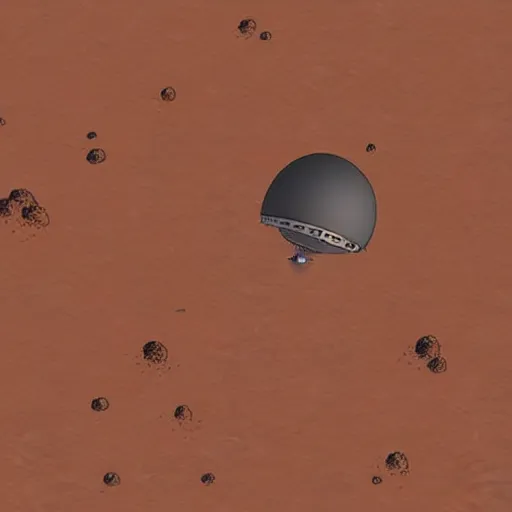 Image similar to a colony on mars by Hayao Miyazaki. a flying vehicle hovering over bright red mars surface