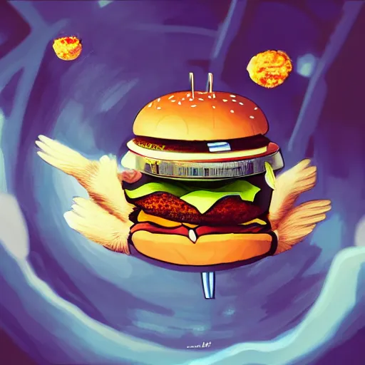 Prompt: a humanoid chicken!!!!! astronaut eating a burger while floating inside of a space station, golden ratio!!!!!, centered!!!!!, trending on artstation, cgsociety contest winner, 4 k quality, digital art, anime style, studio ghibli!!!!!