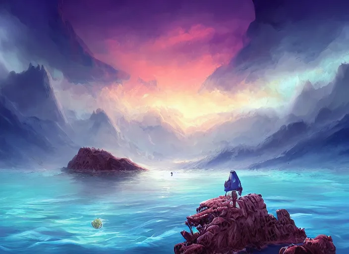 Image similar to epic fantasy landscape, drowning in the water, beautiful sky by Cyril Aquasixio Rolando, Cyril Rolando,