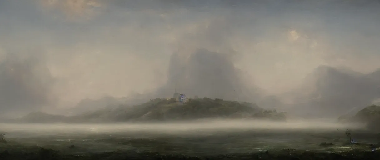 Image similar to an impossibly large tower rising from a sea of mist,evocative,romanticism landscape painting