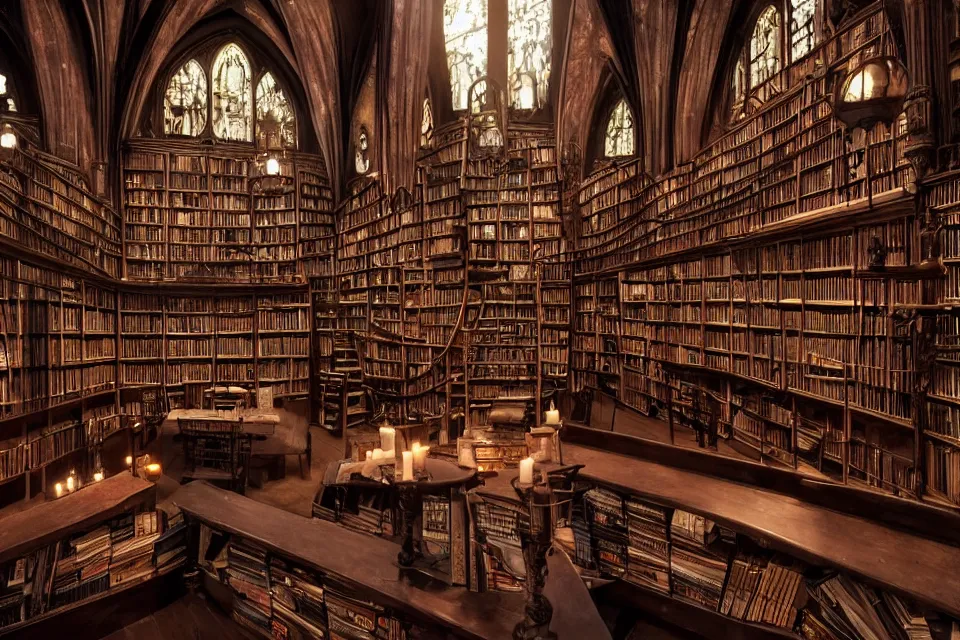 Prompt: the eldritch library of ancient lore, interior shot, high bookshelves, dark wood, candles, gothic architecture, twilight streaming through high windows, skylights