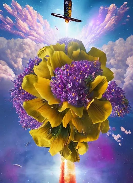 Image similar to An epic fantastic realism comic book style painting of the most beautiful flowers launched into space, bouquets, solar eclipse, fisheye, unreal 5, DAZ, hyperrealistic, octane render, dynamic lighting