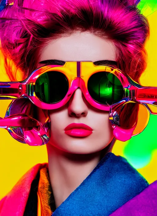 Prompt: coat for a rave,big glasses,hairstyle, bright colors, many details, prints, photo for a magazine, photo for a store, fashion photography, Vogue, 135 mm, cinematic, hyper realism, high detail, octane render, 8k, chrome accents, very coherent symmetrical artwork, perfect face model