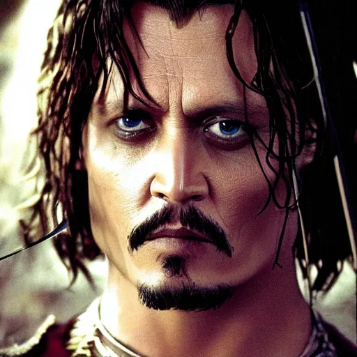 Prompt: symmetry!! photography of johnny depp starring in the lord of the rings as aragorn wielding a sword, detailed - face!!, full - body - picture, wide - angle!!, cinematic, intricate, elegant, highly detailed, film still, nikon, canon eos, zeiss lens, dramatic lighting, sharp - focus!!, photography!!