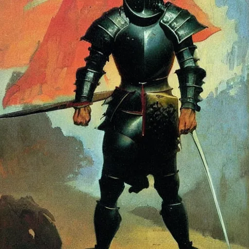 Prompt: a medieval knight with a black armor with his sword, painted by frank frazetta