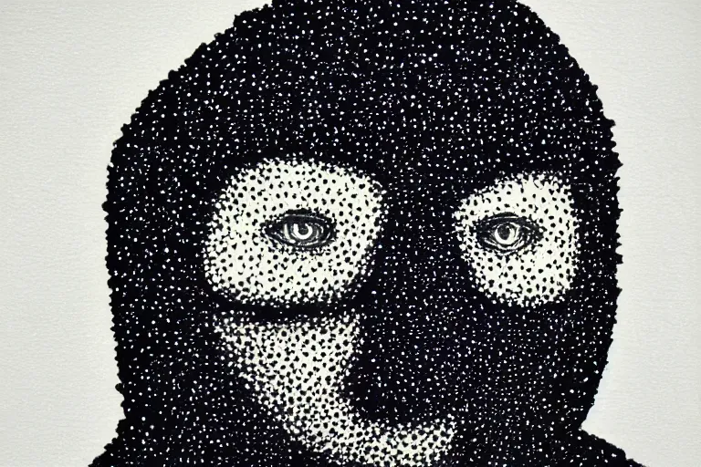 Image similar to black figure, faceless people dark, dots, drip, stipple, pointillism, technical, abstract, minimal, style of francis bacon, asymmetry, pulled apart, cloak, hooded cowl, made of dots, abstract, balaclava, colored dots, sploch