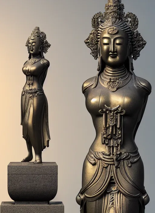 Image similar to a art deco sculpture statue of full body guanyin, intricate complexity,, statue by jane hamilton, ruan jia, character concept, radiant light,, frostbite 3 engine, cryengine, dof, trending on artstation, digital art, fantasy detailed abackground