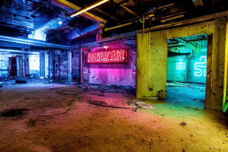 Image similar to abandoned industrial basement lit by a neon sign that says GAK