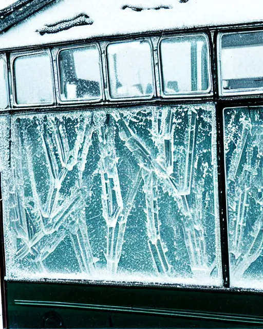 Prompt: tatra t 3 tram, ussr czech republic, side view, ice patterns on windows, winter, frost, around the city, evening, snow, into the art style and print