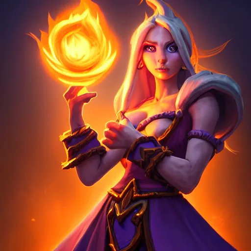 Prompt: Hearthstone official professional art. A sorceress, wearing a robe casting a fire ball. Insanely cohesive & professional physical body parts (face, arms, legs, hair, eyes). Full body realistic, sharp focus, 8k high definition, insanely detailed, intricate, elegant, smooth, sharp focus, illustration, ArtStation