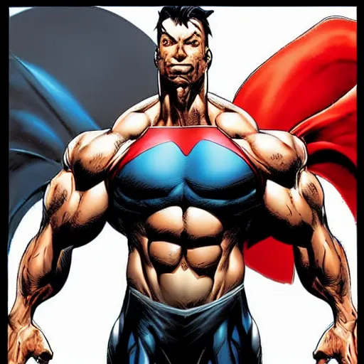 Image similar to superhero flying, muscles body, anatomically correct, abs, hyper realistic, style of jim lee