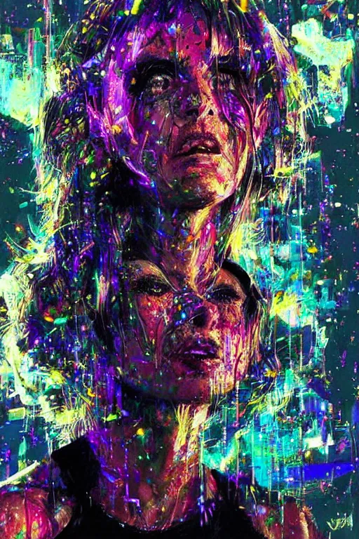 Image similar to portrait, headshot, digital painting, an delightfully mad techno - shaman lady, synthwave, glitter, glitch, fracture, crystal explosion, realistic, hyperdetailed, chiaroscuro, concept art, painterly, art by john berkey