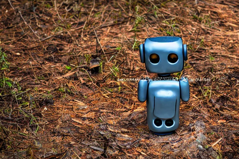 Image similar to a glazed wood - fired ceramic sculpture of a robot at the moment it gains sentience, emotional, sitting on the forest floor, high quality photograph, studio lighting, sigma 8 5 mm f / 8