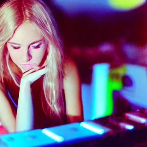 Prompt: a young, blonde-haired woman with soft facial features and blue eyes, 35mm photograph, neon lights in the background, DJing at coachella