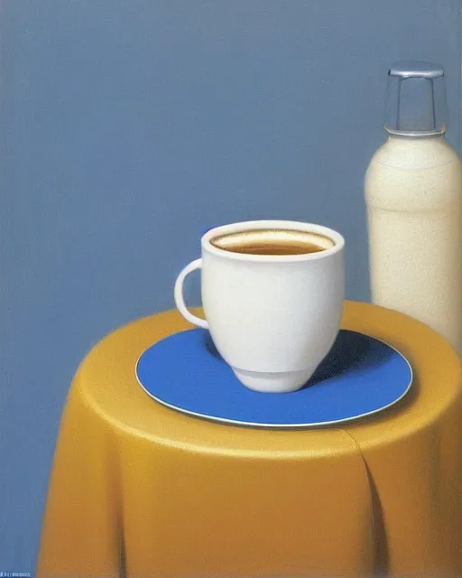 Prompt: 'brain foam cup of coffee' by michael sowa, still life, far shot, blue background, vibrant, brain, realism