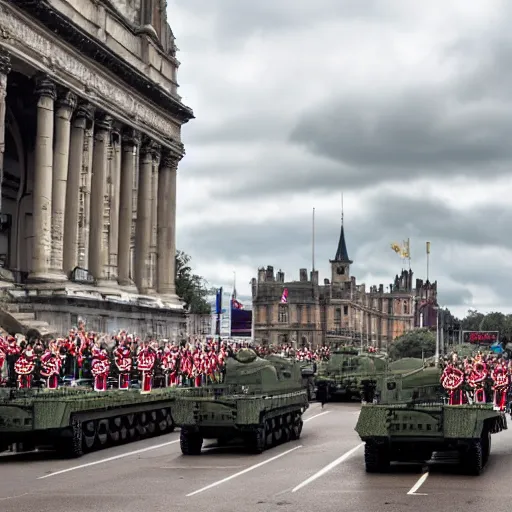 Prompt: queen victoria watching a parade of military vehicles, cloudy day