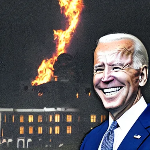 Image similar to Photograph of Joe Biden smiling with burning whitehouse in the background