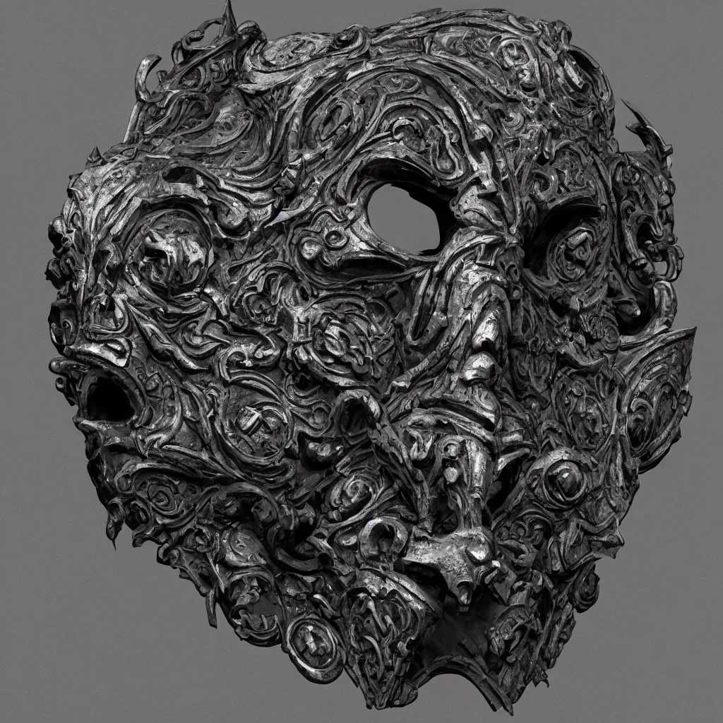 Image similar to an ominous dark ancient mask. hyper - detailed. gothic baroque. symmetric. epic. unreal render.