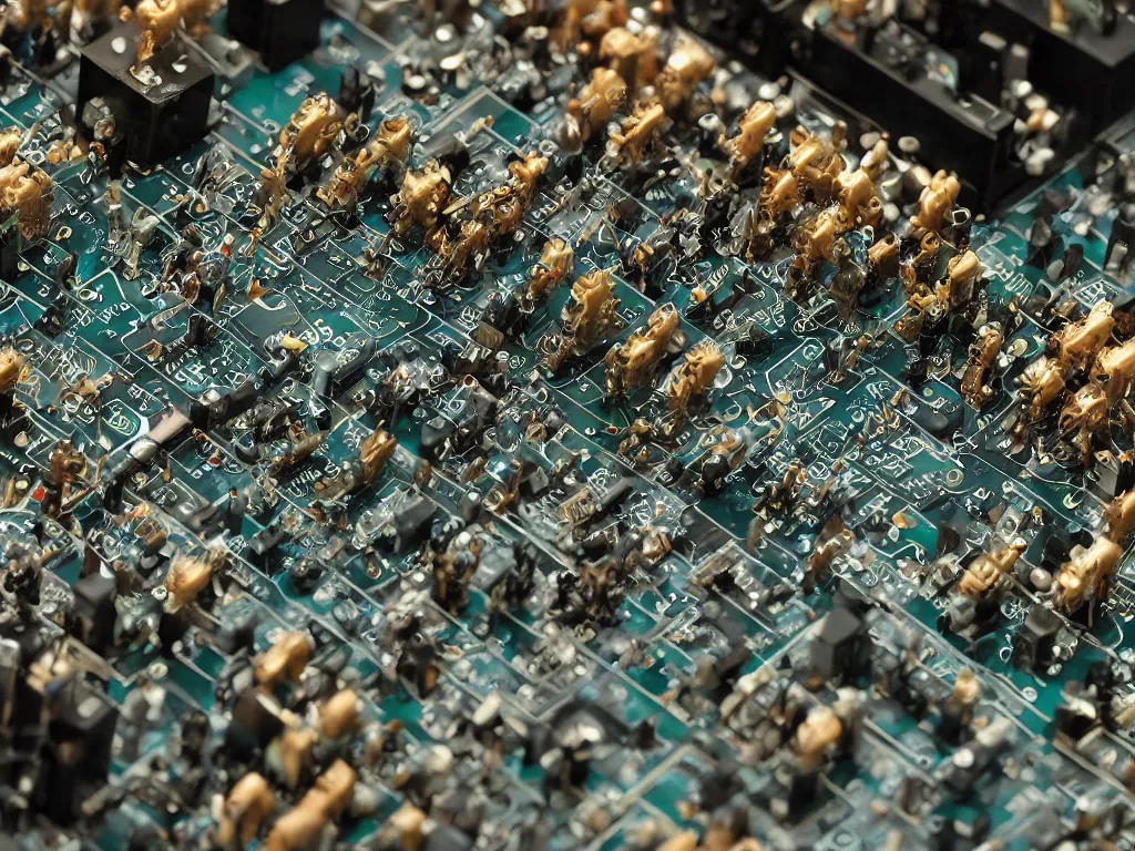 Image similar to transistor army having a melee with resistors on a printed circuit board, studio closeup photo, studio lighting, very detailed, lots of action, sparks flying