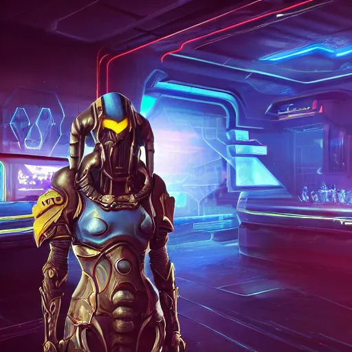 Image similar to high quality portrait of a starcraft Protoss Zealot in a cyberpunk cyberpunk cyberpunk cafe, realism, 8k, award winning photo