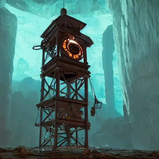 Prompt: an abandoned old rusty clocktower in a dark enormous cave, Low level, rendered by Beeple, Makoto Shinkai, syd meade, simon stålenhag, synthwave style, digital art, unreal engine, WLOP, trending on artstation, 4K UHD image, octane render