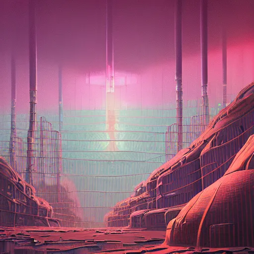 Image similar to beautiful painting of the empyrean glitched factory in a corals alien vortex in the style of Simon Stålenhag and H. R. Giger, detailed, trending on Artstation