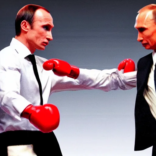 Image similar to Emmanuel Macron boxing Vladimir Putin in American Psycho (1999)