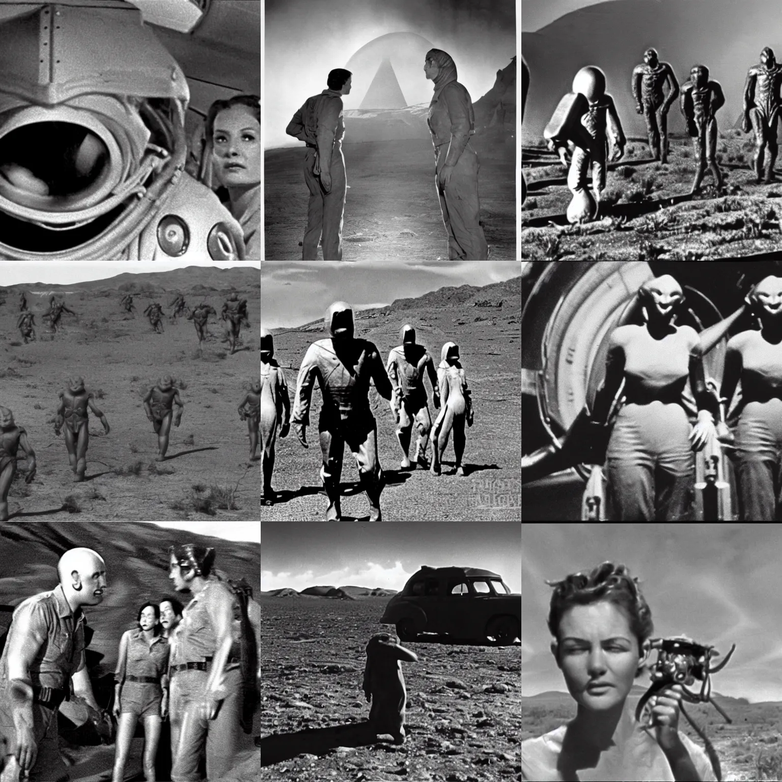 Prompt: lost archival film footage aliens roswell 1 9 4 7 greys