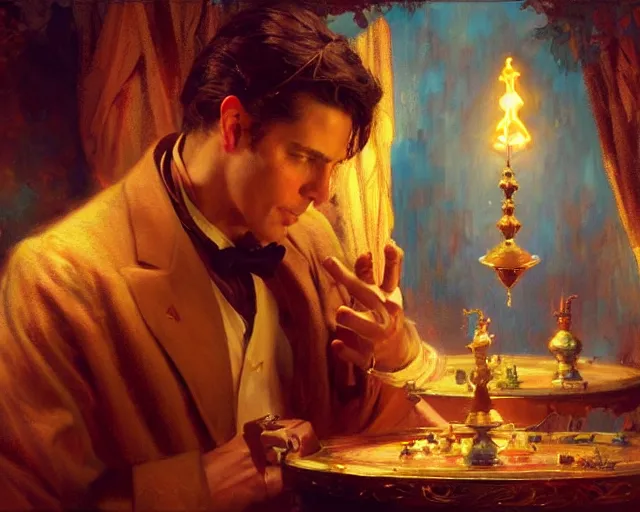Prompt: attractive magician man, casting impossible magic. highly detailed painting by gaston bussiere, craig mullins, j. c. leyendecker 8 k