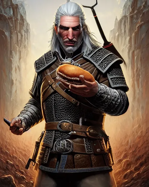 Image similar to portrait of geralt of rivia eating a big hamburger, fantasy, intricate, elegant, highly detailed, digital painting, artstation, concept art, smooth, sharp focus, illustration, by artgerm and greg rutkowski