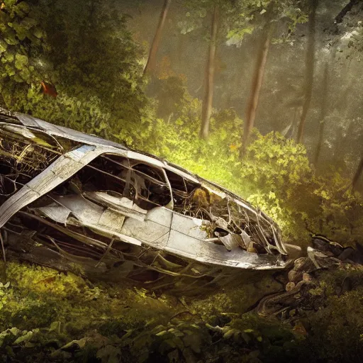 Prompt: a flying vessel wreckage lying down in a thick forest, vines growing on top, 8 k, hyper realism, artstations, concept art, cinematic