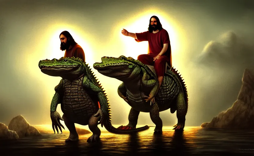 Prompt: jesus rides an aligator, cinematic, fantasy, hyper detailed, digital painting, 4 k realistic, trending on artstation, sharp focus, john banovich, photographer art wolfe, light source on left