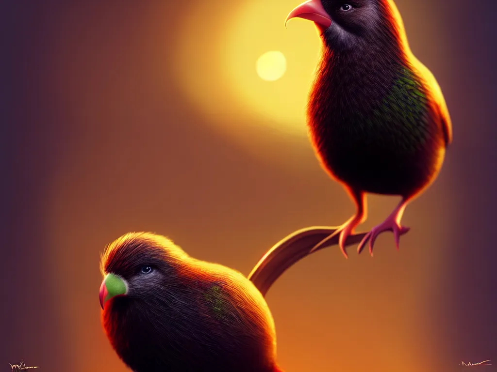 Image similar to Kiwi bird with a kiwi face, bokeh, dramatic lighting, cinematic, establishing shot, high detail, cinematic lighting, post processed, 8k, concept art, artstation, matte painting, in the style of eddie mendoza, raphael lacoste, alex ross