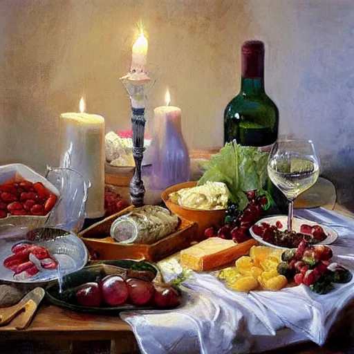 Prompt: a table full of traditional Swedish food, candles, wine, schnapps, pork, cheese, painting by Vladimir Volegov