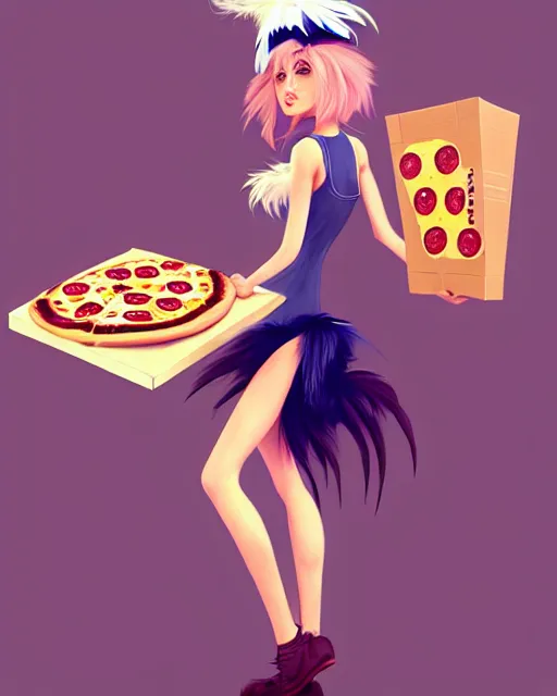 Prompt: ! dream cute female harpy as a pizza delivery woman, with feathery bird arms and talon bird feet, holding a cardboard pizza box. feathers for hair, cute, cinematic character design, stunning, highly detailed digital painting, artstation, stylized urban fantasy artwork, by artgerm and paul robertson