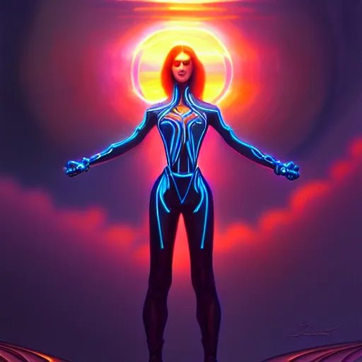 Prompt: tron angel, psychedelic sunset, cliffside, diffuse lighting, hyper realistic, elegant, intricate, hyper detailed, smooth, sharp focus, concept art, illustration, trending on artstation, art by john collier, artem demura, greg rutkowski, james gurney, and alphonse mucha