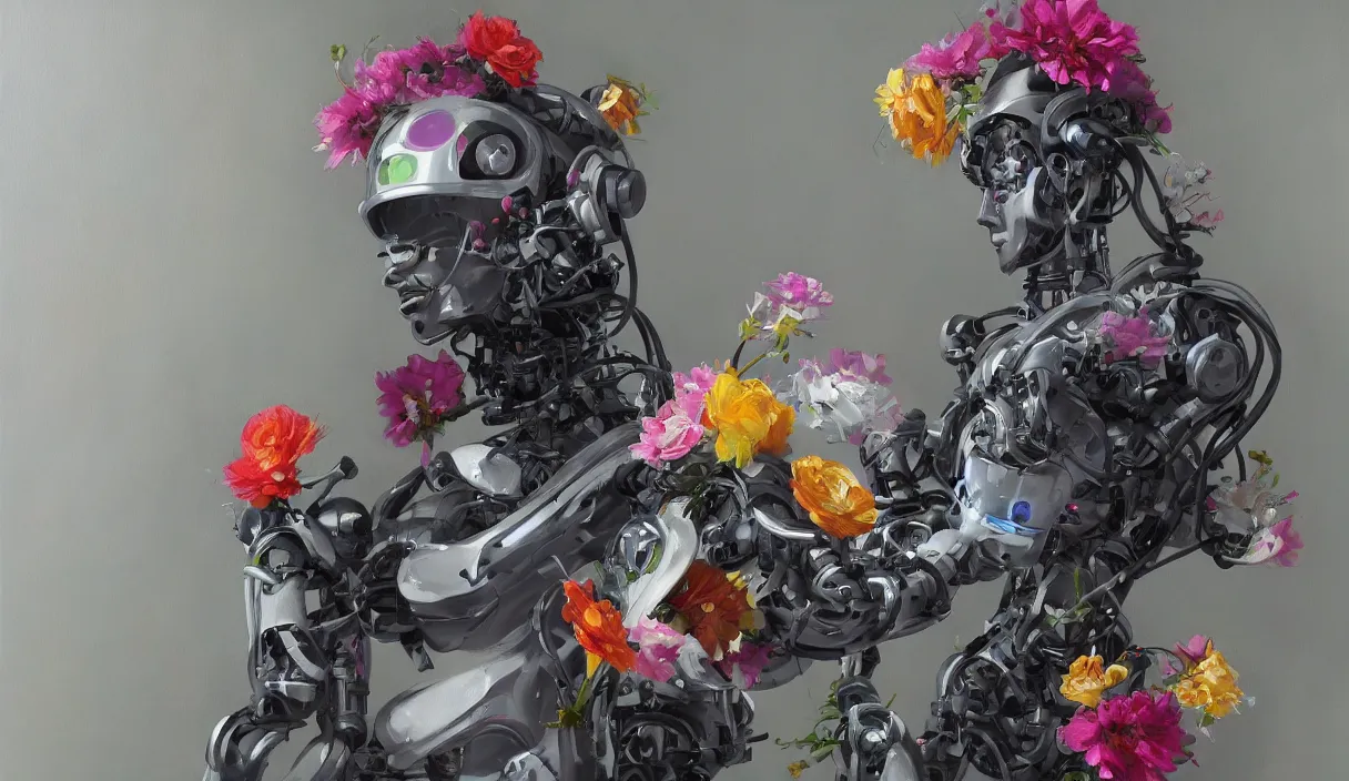 Image similar to A robot with flowers painting a beautiful artwork of himself, oil painting, digital art trending on artstation