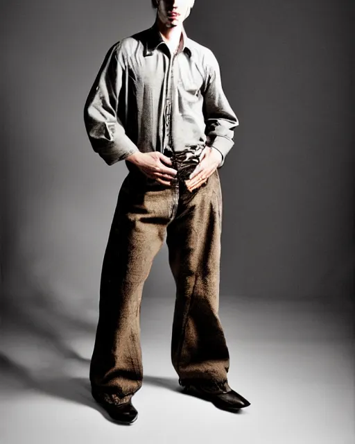 Prompt: an award - winning photo of a spiritual male model wearing a boot cut flared distressed medieval designer menswear trousers designed by kapital, 4 k, studio lighting, wide angle lens, 2 0 0 4