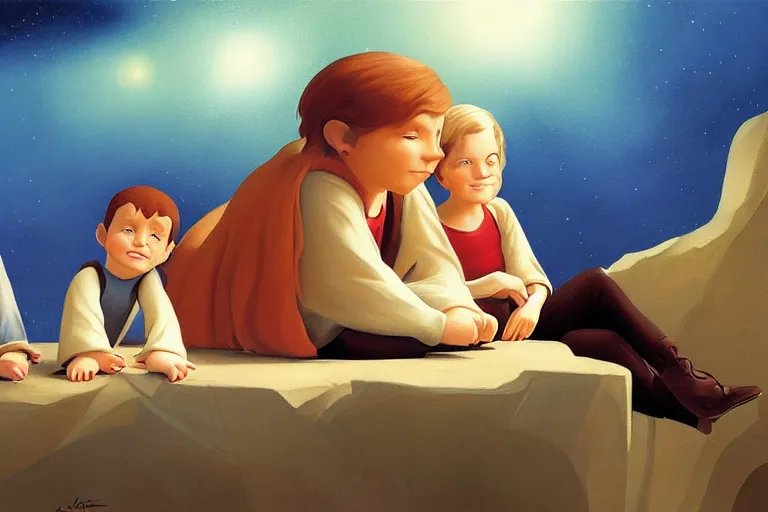Prompt: beautiful painting of friends, beautiful faces, sitting on the edge, cute, soft light, digital painting by ralph mcquarrie and benoit b mandelbrot