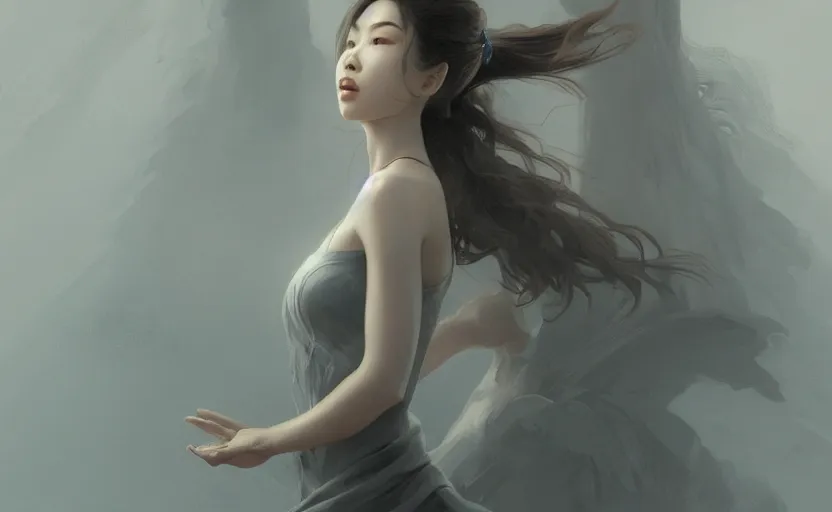 Prompt: beautiful asian woman standing, soft grey and blue natural light, intricate, digital painting, artstation, concept art, smooth, sharp focus, illustration, art by greg rutkowski and luis rollo and uang guangjian and gil elvgren, symmetry!