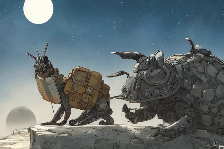 Image similar to anthropomorphic rodent with white and black ancestral ornate japanese tactical gear on an abandonment desert planet, high intricate details, long shot, rule of thirds, golden ratio, graphic novel by fiona staples and dustin nguyen, by beaststars and orange, peter elson, alan bean, studio ghibli, makoto shinkai